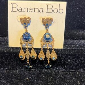 Banana Bob Gold and Blue Ornate Earrings